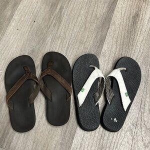 Bundle 2 flip flops 1 brown Flojos, 1 white/black Sanuks size 8 used condition